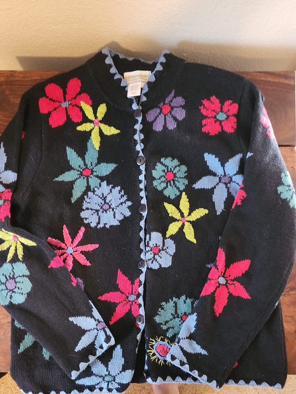 Y2K 90s Coldwater Creek Navy Ramie Cotton Botanical Sweater Sz S Embroidery